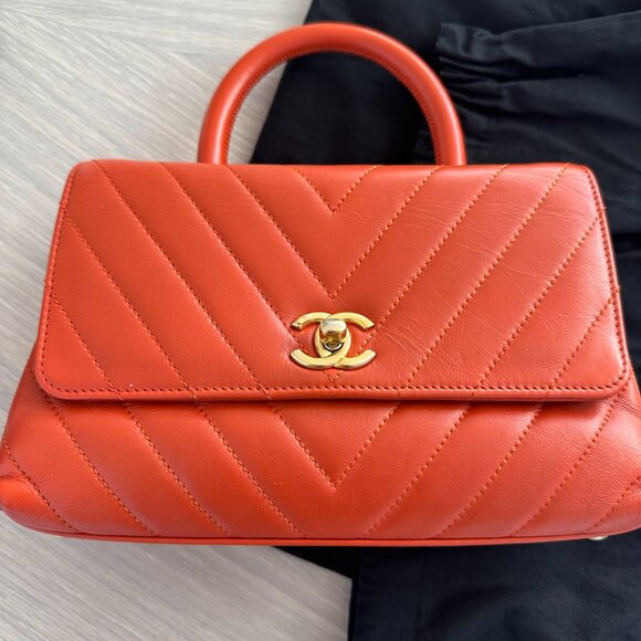 Chanel Small Coco Top Handle Chevron Quilted Flap Calfskin Red Orange/Gold Hrdwr - Picture 1 of 15